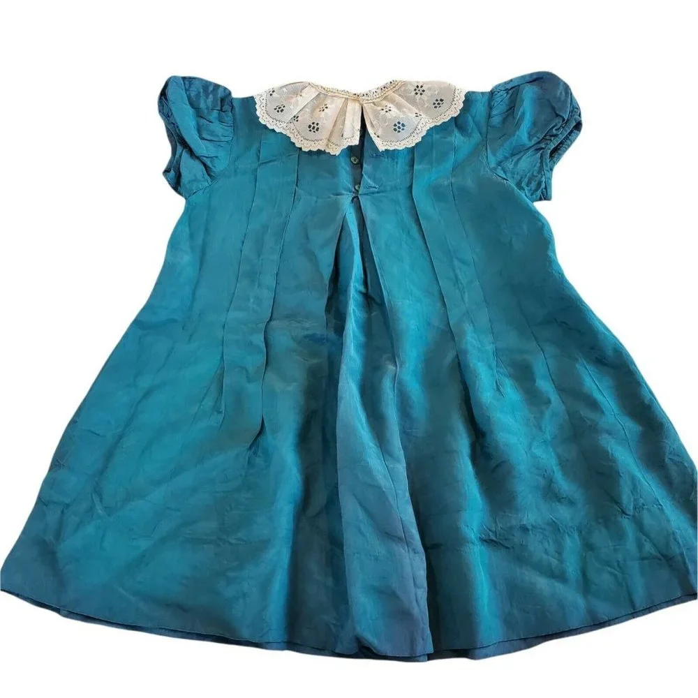 Vintage Girls XS 4/5 Taffeta Teal‎ Blue Green Lace Collared Dress Pleated